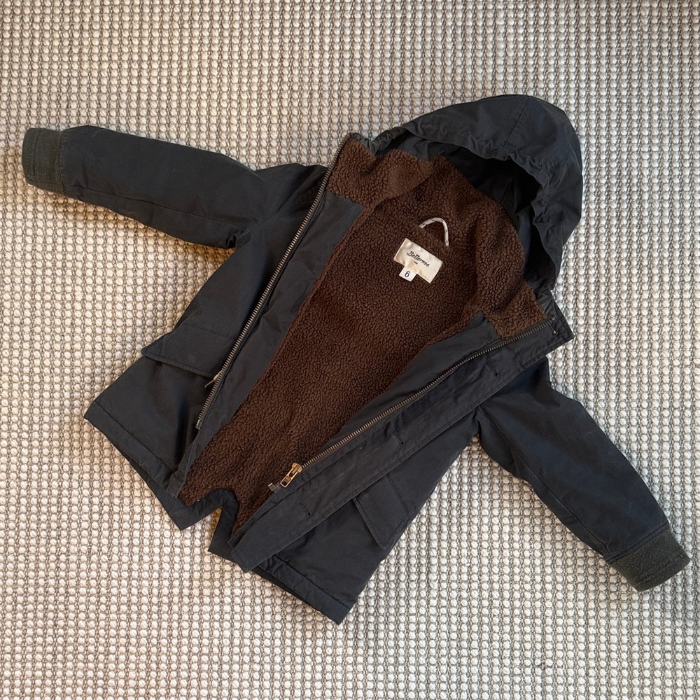 Bellerose Charcoal Kids Hooded Puffer Jacket with Brown Sherpa Lining